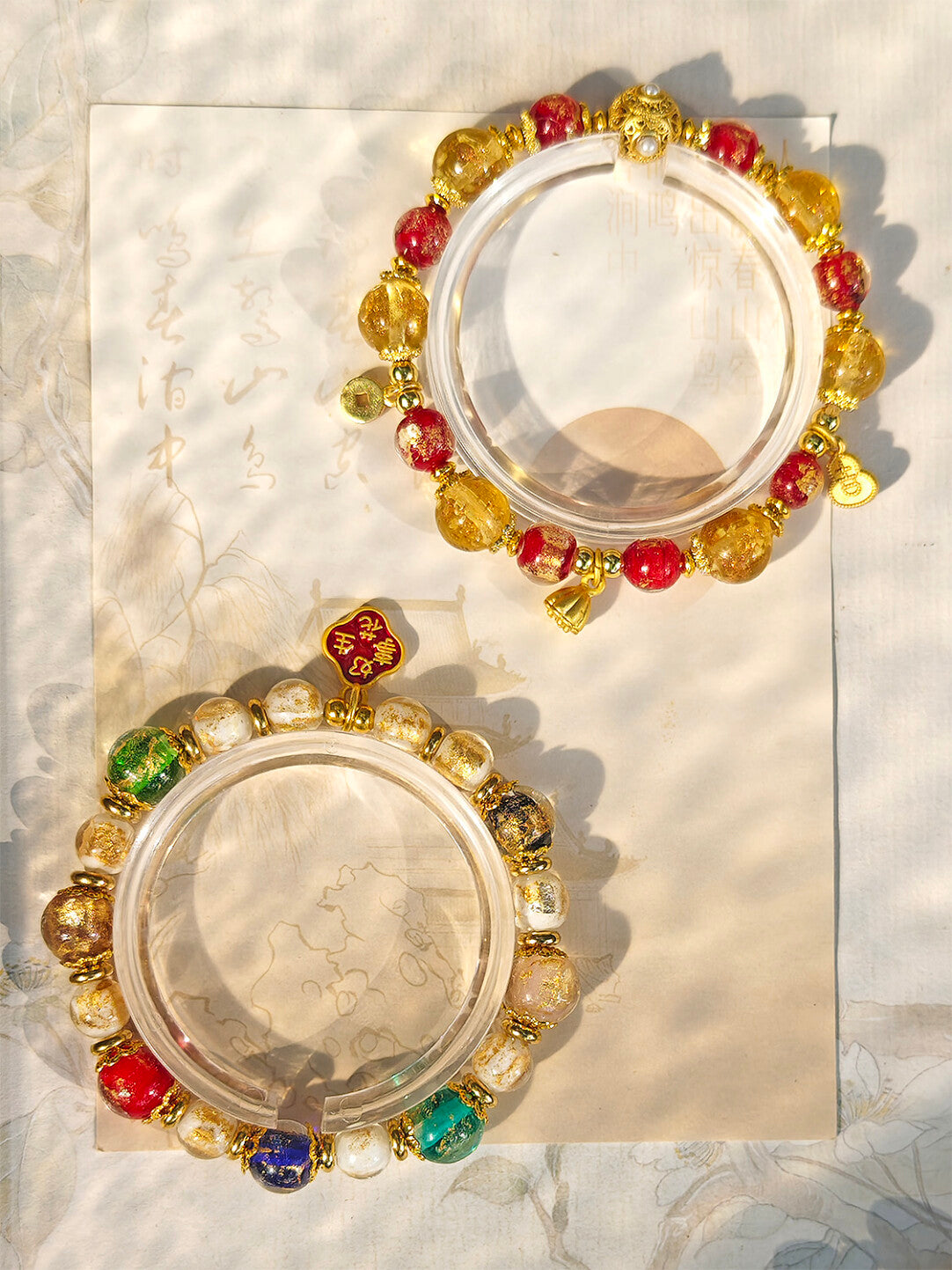 Beijing Temple Style Bracelet | Gold Foil Glass Black & Ochre | Five Blessings & Ten Perfections | New Chinese Style