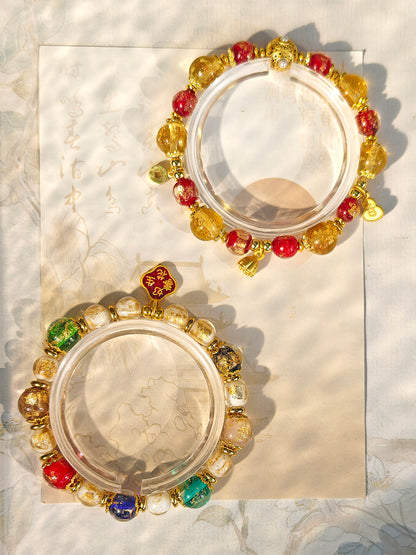 Beijing Temple Style Bracelet | Gold Foil Glass Black & Ochre | Five Blessings & Ten Perfections | New Chinese Style