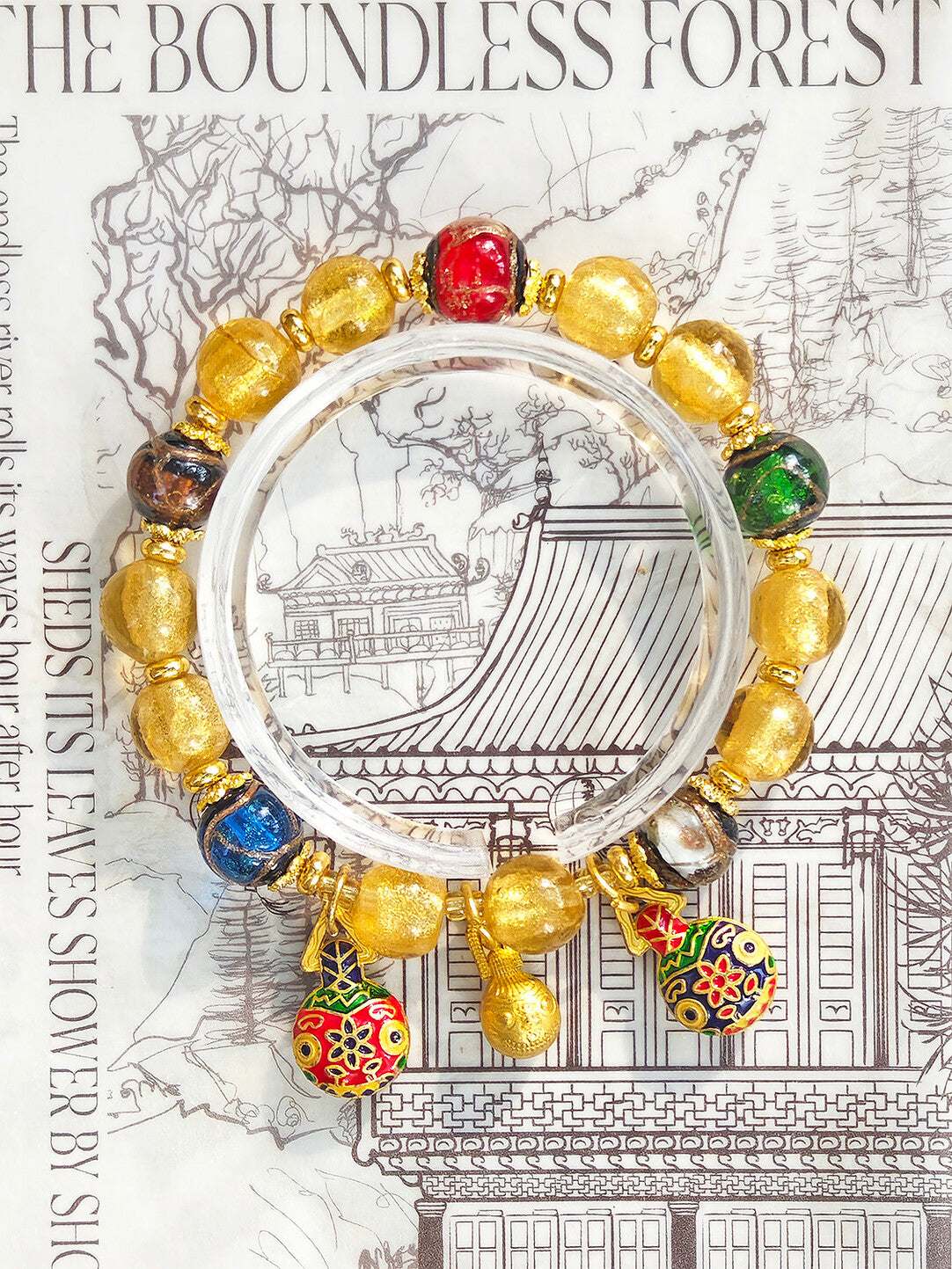 Beijing Temple Style Bracelet | Gold Foil Glass Black & Ochre | Five Blessings & Ten Perfections | New Chinese Style