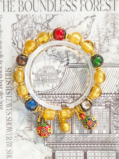 Beijing Temple Style Bracelet | Gold Foil Glass Black & Ochre | Five Blessings & Ten Perfections | New Chinese Style
