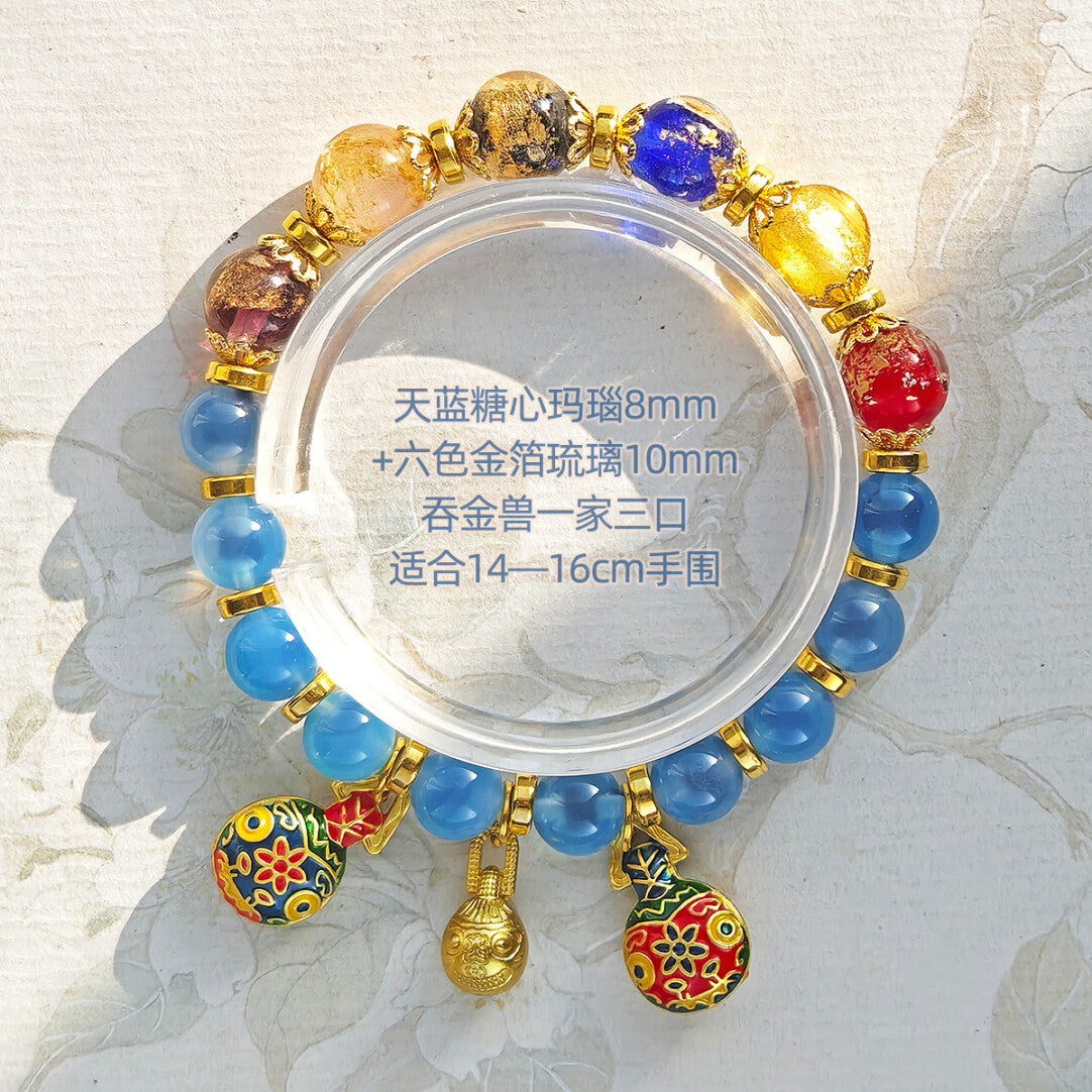 Gold Foil Liuli Glass Luminous Candy Heart Agate Bracelet | Temple Style Semi-Sugar Design | New Chinese Zen Jewelry with Family Charm
