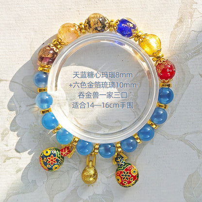 Gold Foil Liuli Glass Luminous Candy Heart Agate Bracelet | Temple Style Semi-Sugar Design | New Chinese Zen Jewelry with Family Charm