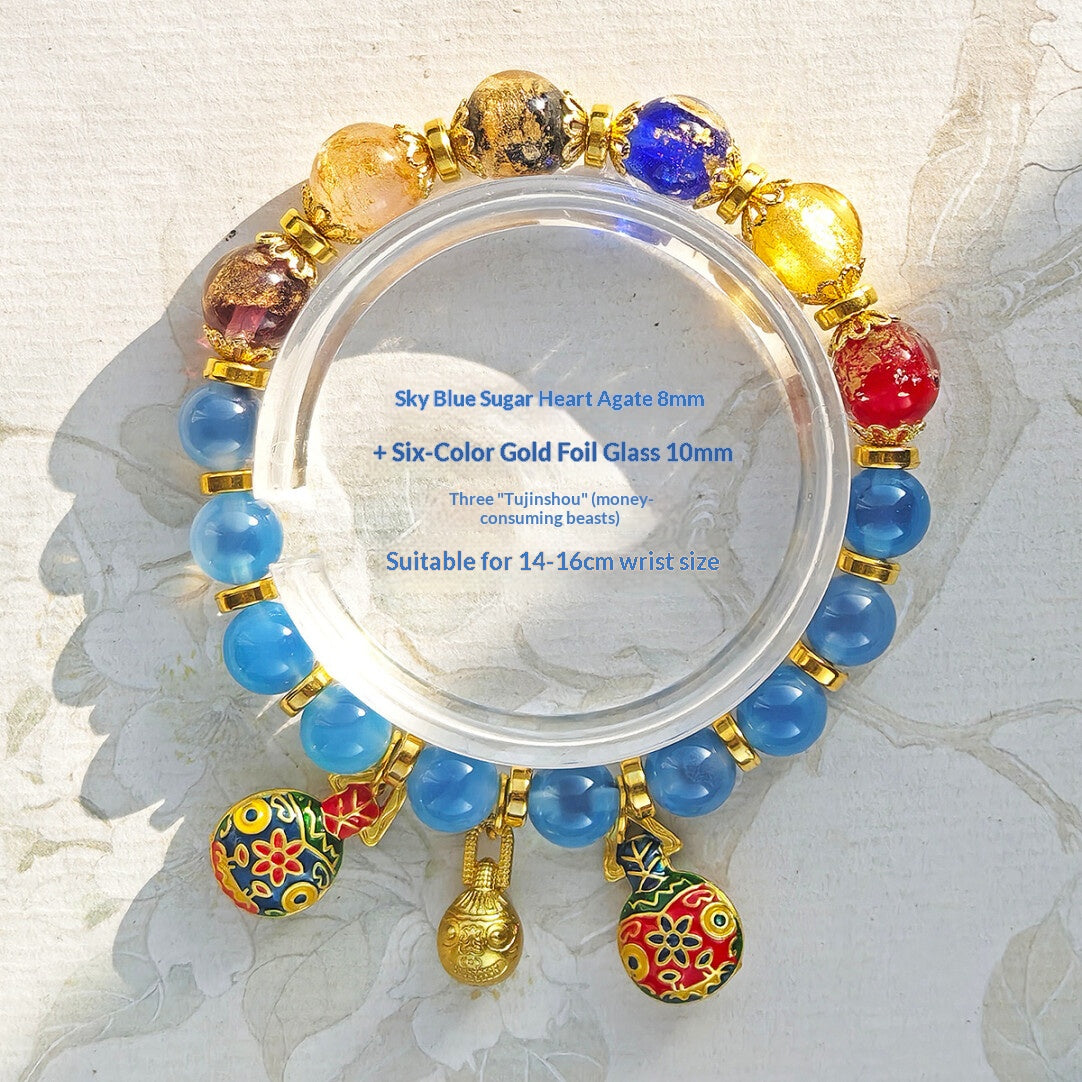 Gold Foil Liuli Glass Luminous Candy Heart Agate Bracelet | Temple Style Semi-Sugar Design | New Chinese Zen Jewelry with Family Charm