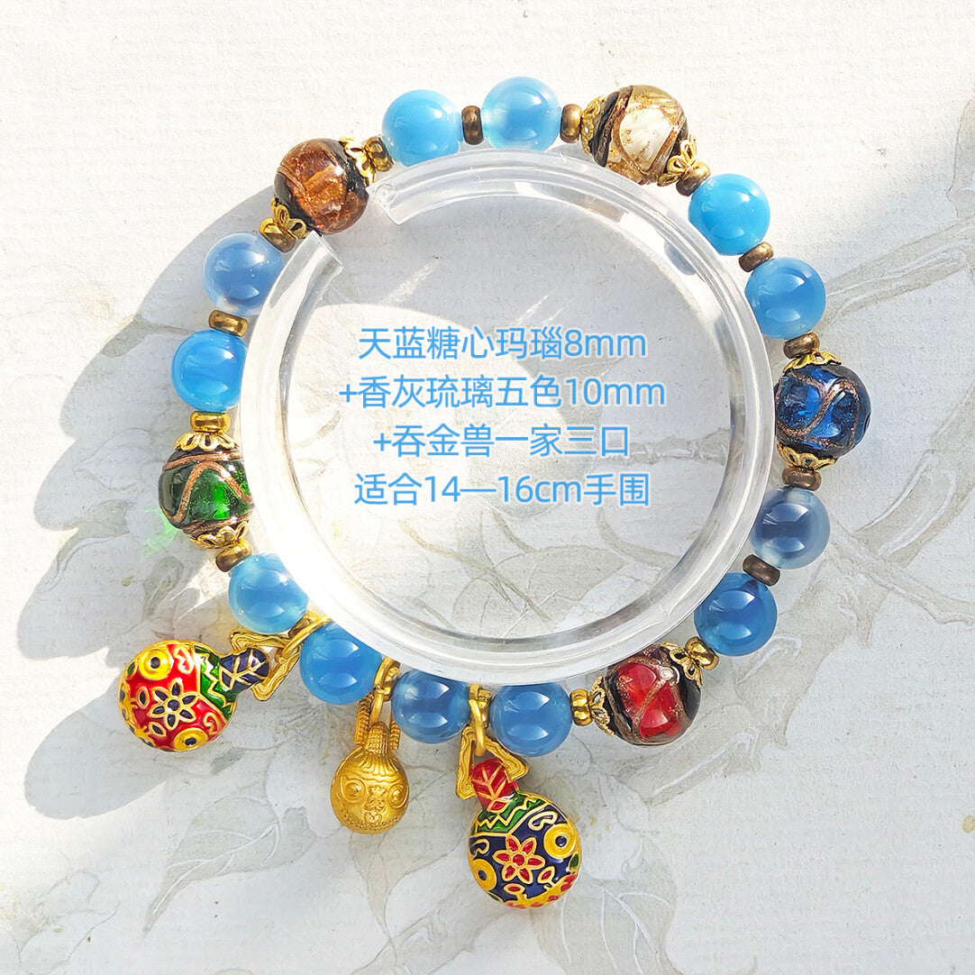 Gold Foil Liuli Glass Luminous Candy Heart Agate Bracelet | Temple Style Semi-Sugar Design | New Chinese Zen Jewelry with Family Charm