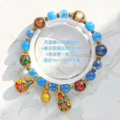 Gold Foil Liuli Glass Luminous Candy Heart Agate Bracelet | Temple Style Semi-Sugar Design | New Chinese Zen Jewelry with Family Charm