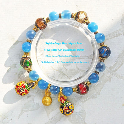 Gold Foil Liuli Glass Luminous Candy Heart Agate Bracelet | Temple Style Semi-Sugar Design | New Chinese Zen Jewelry with Family Charm