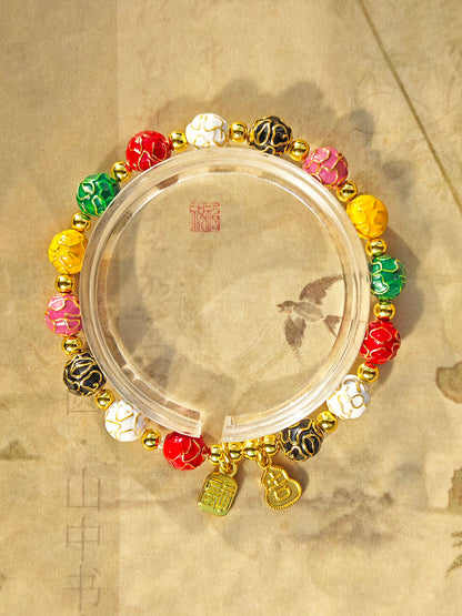 Traditional Beijing Temple Cloisonné Bracelet, 6mm Multicolor "Myriad Flowers" Beads, Copper Base New Chinese Style, Vintage Ethnic Jewelry