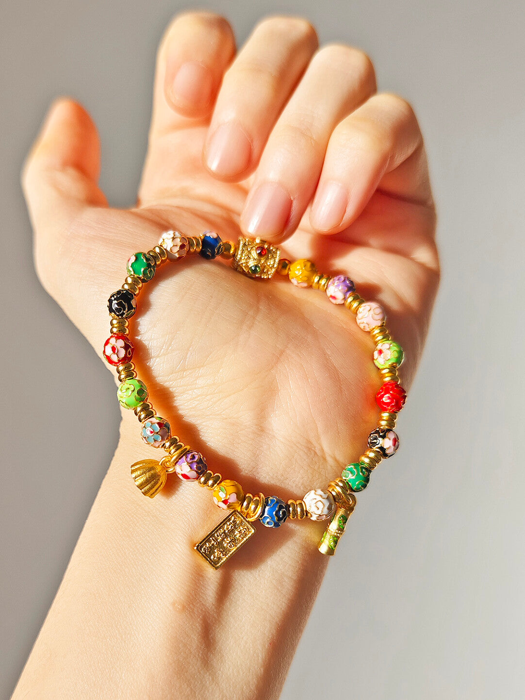 Traditional Beijing Temple Cloisonné Bracelet, 6mm Multicolor "Myriad Flowers" Beads, Copper Base New Chinese Style, Vintage Ethnic Jewelry