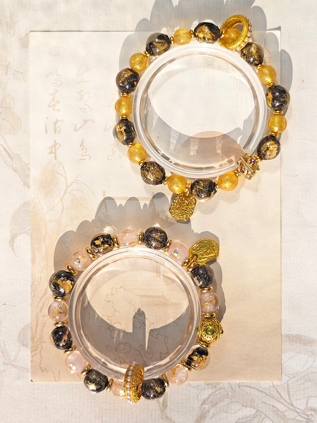 Beijing Temple Style Bracelet | Gold Foil Glass Black & Ochre | Five Blessings & Ten Perfections | New Chinese Style
