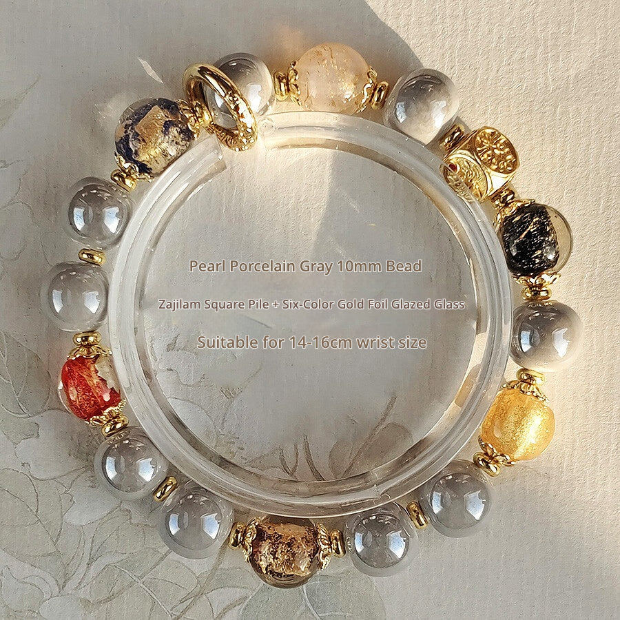 Panjiayuan Bracelet | Four-Color Gold Foil Glass & Light Blue Pearl Ceramic | Awakening Lion & Five Blessings Square Beads | New Chinese Style