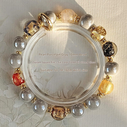Panjiayuan Bracelet | Four-Color Gold Foil Glass & Light Blue Pearl Ceramic | Awakening Lion & Five Blessings Square Beads | New Chinese Style