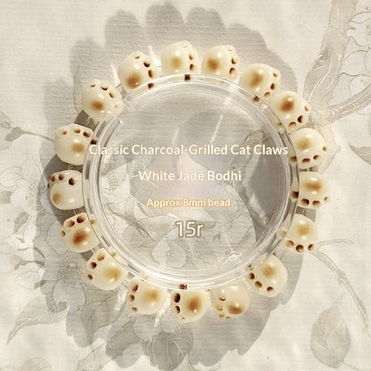 Charcoal Roasted Cat Paw Bodhi Root Bracelet | Green Floating Flower & Six-Word Mantra | Oil-Infused Caramel Mini Bun Design | Twilight Forest