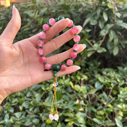 18-Bead Pink Chalcedony Bracelet | Temple-Inspired Design for Positive Energy & Romantic Charm
