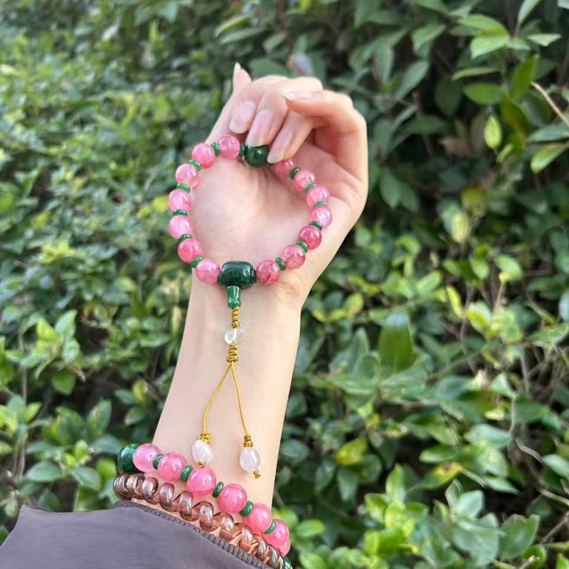 18-Bead Pink Chalcedony Bracelet | Temple-Inspired Design for Positive Energy & Romantic Charm