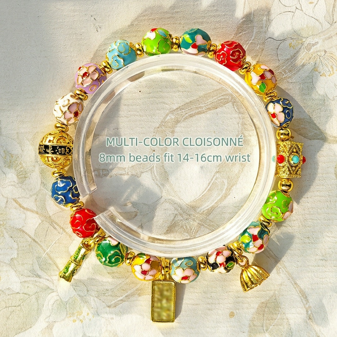 Traditional Beijing Temple Cloisonné Bracelet, 6mm Multicolor "Myriad Flowers" Beads, Copper Base New Chinese Style, Vintage Ethnic Jewelry