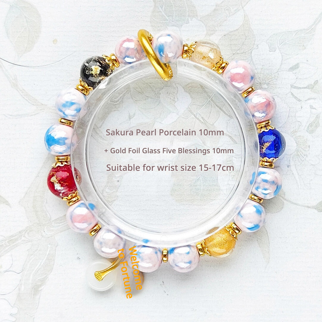Panjiayuan Bracelet | Four-Color Gold Foil Glass & Light Blue Pearl Ceramic | Awakening Lion & Five Blessings Square Beads | New Chinese Style