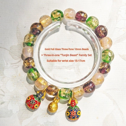 Beijing Temple Style Bracelet | Multi-Gem Gold Sand Glass & Amethyst | Five Blessings "Gold Swallowing Beast" | New Chinese Style
