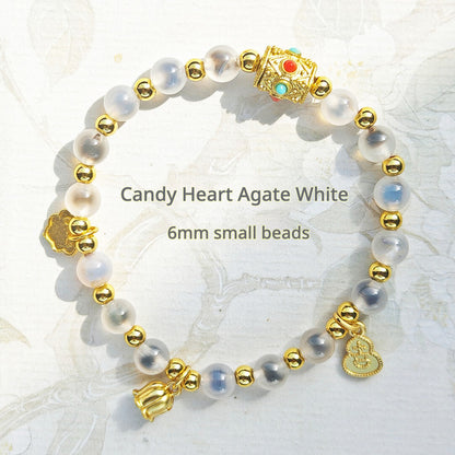 Sugar Heart Agate Bracelet | Half-Sugar Solid Color Small Beads | Beijing Temple Style | Exquisite Classic Design | 8mm Medium Beads, Blue