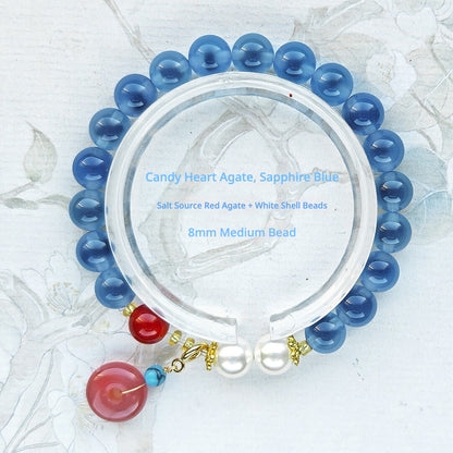 Sugar Heart Agate Bracelet | Half-Sugar Solid Color Small Beads | Beijing Temple Style | Exquisite Classic Design | 8mm Medium Beads, Blue