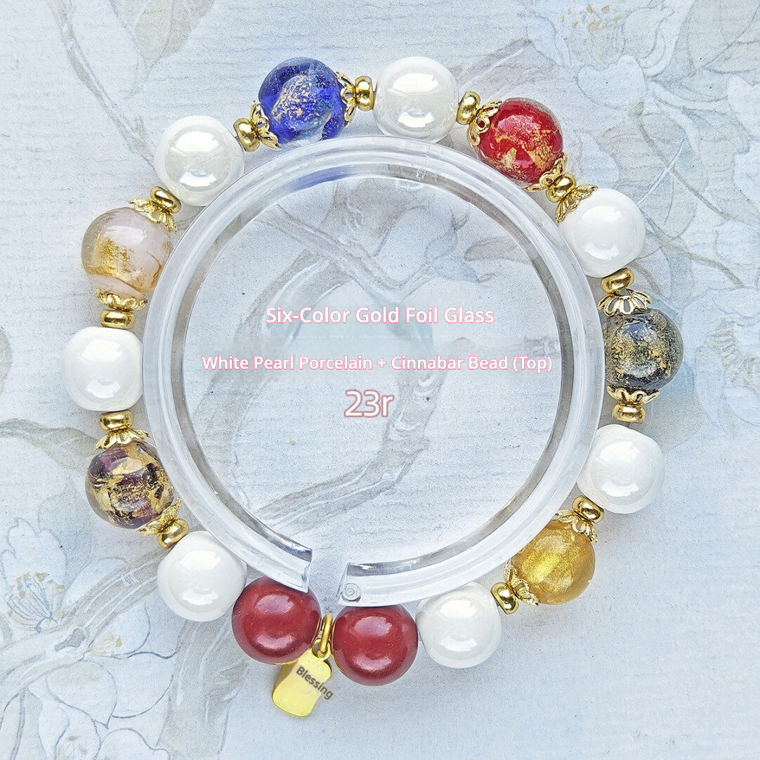 Panjiayuan Bracelet | Four-Color Gold Foil Glass & Light Blue Pearl Ceramic | Awakening Lion & Five Blessings Square Beads | New Chinese Style