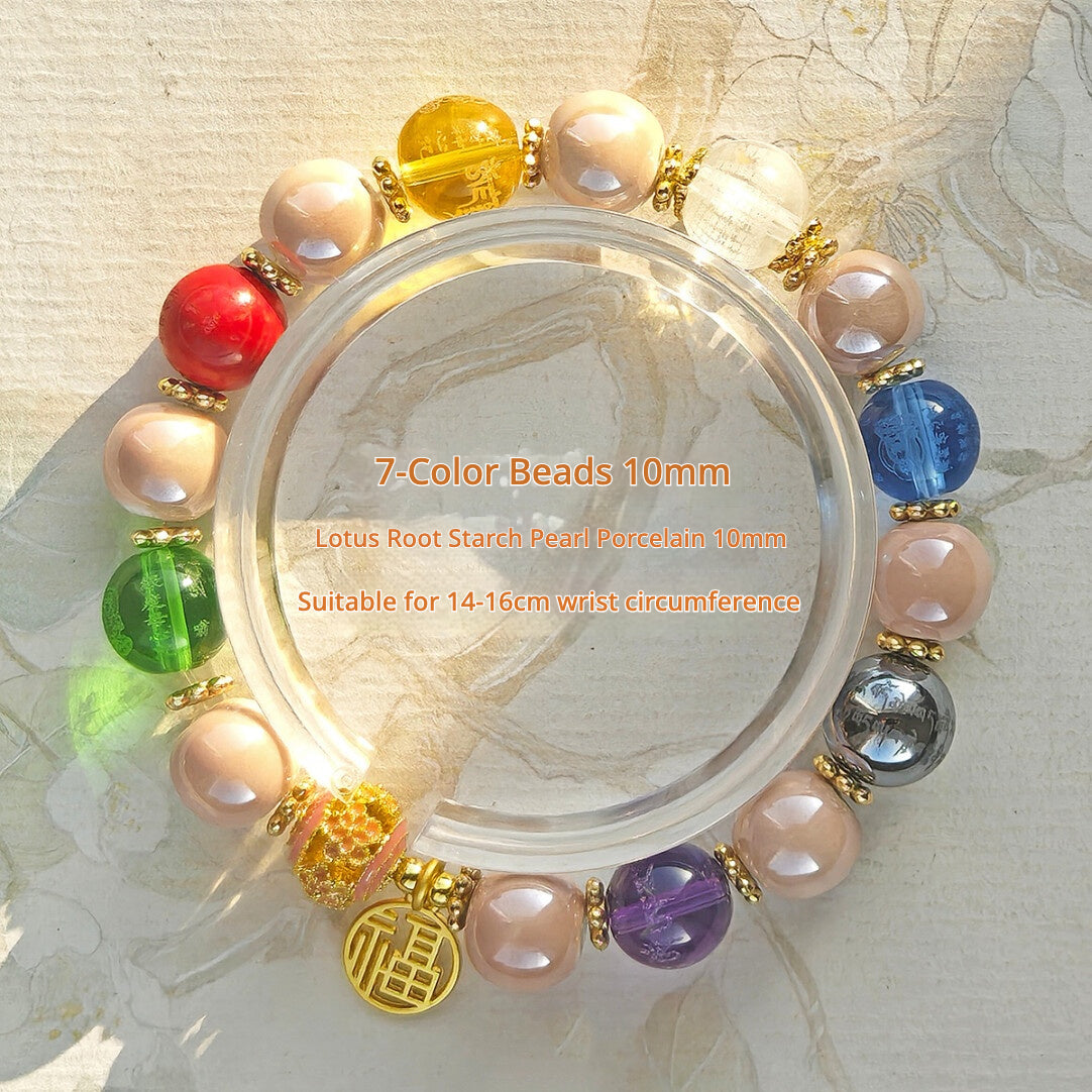 Panjiayuan Bracelet | Four-Color Gold Foil Glass & Light Blue Pearl Ceramic | Awakening Lion & Five Blessings Square Beads | New Chinese Style