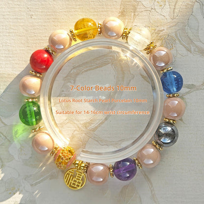 Panjiayuan Bracelet | Four-Color Gold Foil Glass & Light Blue Pearl Ceramic | Awakening Lion & Five Blessings Square Beads | New Chinese Style