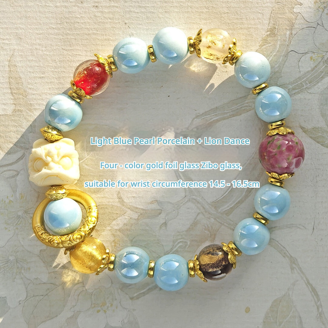 Panjiayuan Bracelet | Four-Color Gold Foil Glass & Light Blue Pearl Ceramic | Awakening Lion & Five Blessings Square Beads | New Chinese Style