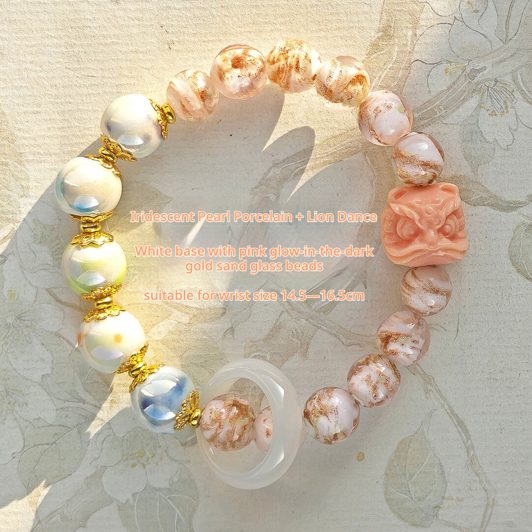 Panjiayuan Bracelet | Four-Color Gold Foil Glass & Light Blue Pearl Ceramic | Awakening Lion & Five Blessings Square Beads | New Chinese Style