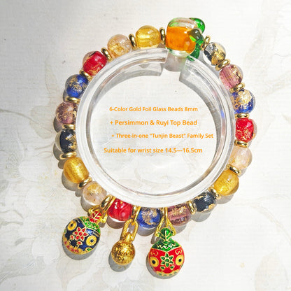 Beijing Temple Style Bracelet | Multi-Gem Gold Sand Glass & Amethyst | Five Blessings "Gold Swallowing Beast" | New Chinese Style