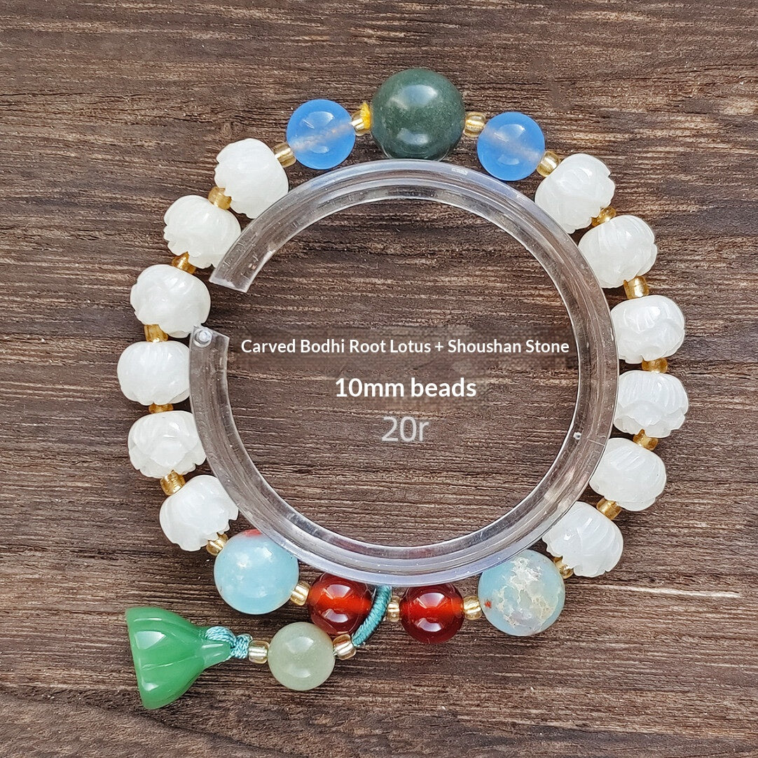 Charcoal Roasted Cat Paw Bodhi Root Bracelet | Green Floating Flower & Six-Word Mantra | Oil-Infused Caramel Mini Bun Design | Twilight Forest
