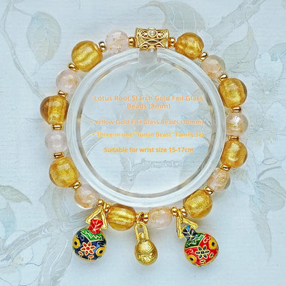 Beijing Temple Style Bracelet | Multi-Gem Gold Sand Glass & Amethyst | Five Blessings "Gold Swallowing Beast" | New Chinese Style