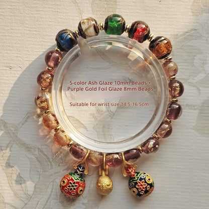 Beijing Temple Style Bracelet | Multi-Gem Gold Sand Glass & Amethyst | Five Blessings "Gold Swallowing Beast" | New Chinese Style