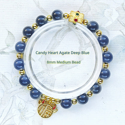 Sugar Heart Agate Bracelet | Half-Sugar Solid Color Small Beads | Beijing Temple Style | Exquisite Classic Design | 8mm Medium Beads, Blue
