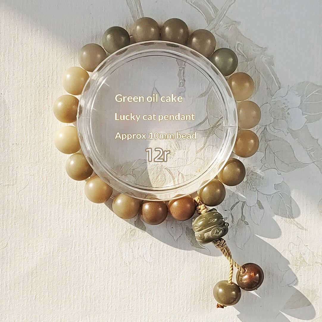 Charcoal Roasted Cat Paw Bodhi Root Bracelet | Green Floating Flower & Six-Word Mantra | Oil-Infused Caramel Mini Bun Design | Twilight Forest
