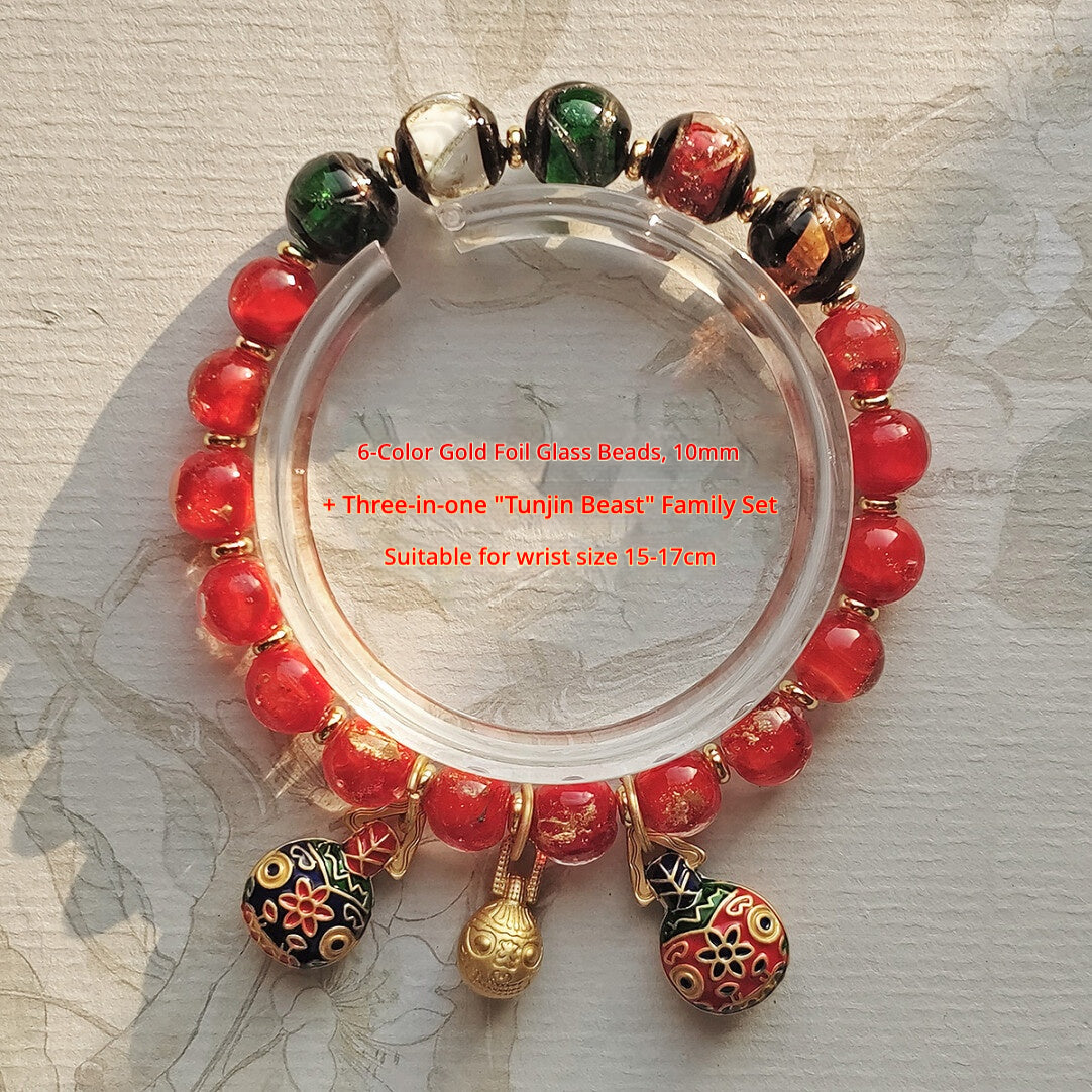 Beijing Temple Style Bracelet | Multi-Gem Gold Sand Glass & Amethyst | Five Blessings "Gold Swallowing Beast" | New Chinese Style