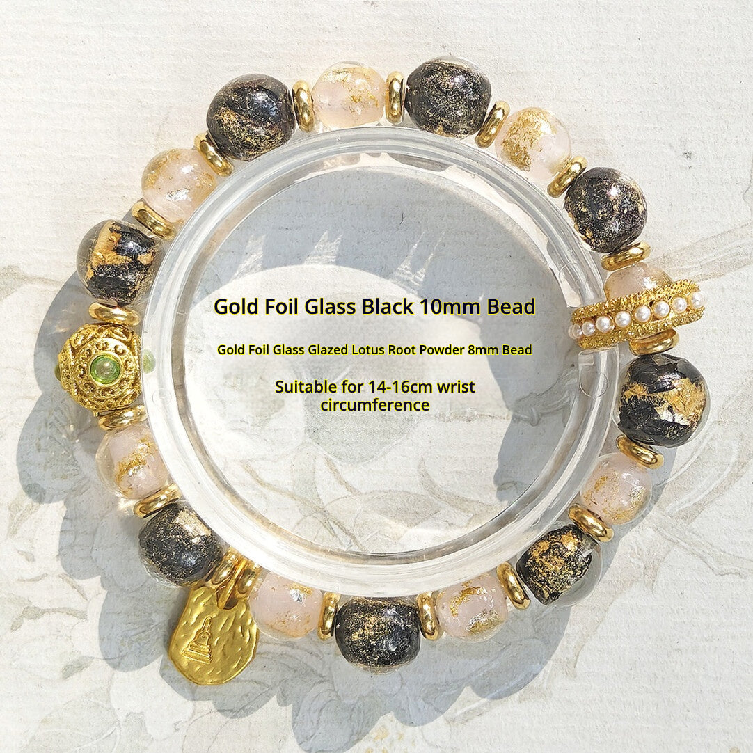 Beijing Temple Style Bracelet | Gold Foil Glass Black & Ochre | Five Blessings & Ten Perfections | New Chinese Style