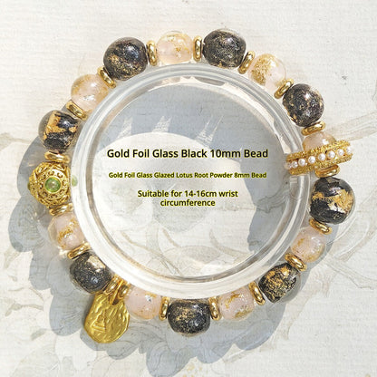 Beijing Temple Style Bracelet | Gold Foil Glass Black & Ochre | Five Blessings & Ten Perfections | New Chinese Style