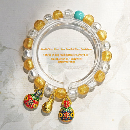 Beijing Temple Style Bracelet | Multi-Gem Gold Sand Glass & Amethyst | Five Blessings "Gold Swallowing Beast" | New Chinese Style