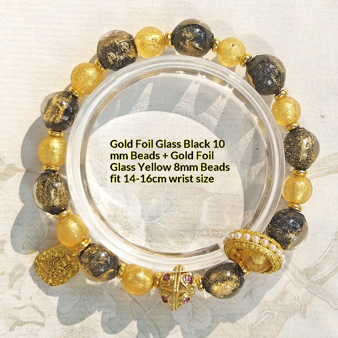 Beijing Temple Style Bracelet | Gold Foil Glass Black & Ochre | Five Blessings & Ten Perfections | New Chinese Style