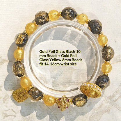 Beijing Temple Style Bracelet | Gold Foil Glass Black & Ochre | Five Blessings & Ten Perfections | New Chinese Style