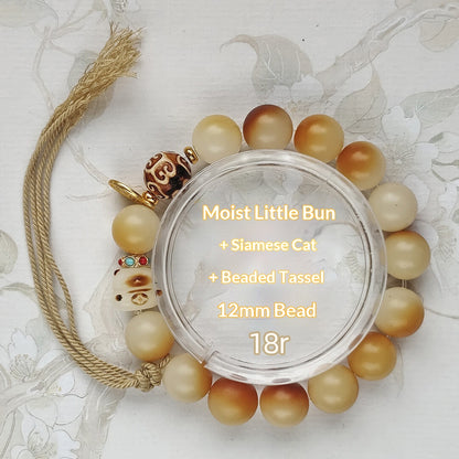 Charcoal Roasted Cat Paw Bodhi Root Bracelet | Green Floating Flower & Six-Word Mantra | Oil-Infused Caramel Mini Bun Design | Twilight Forest