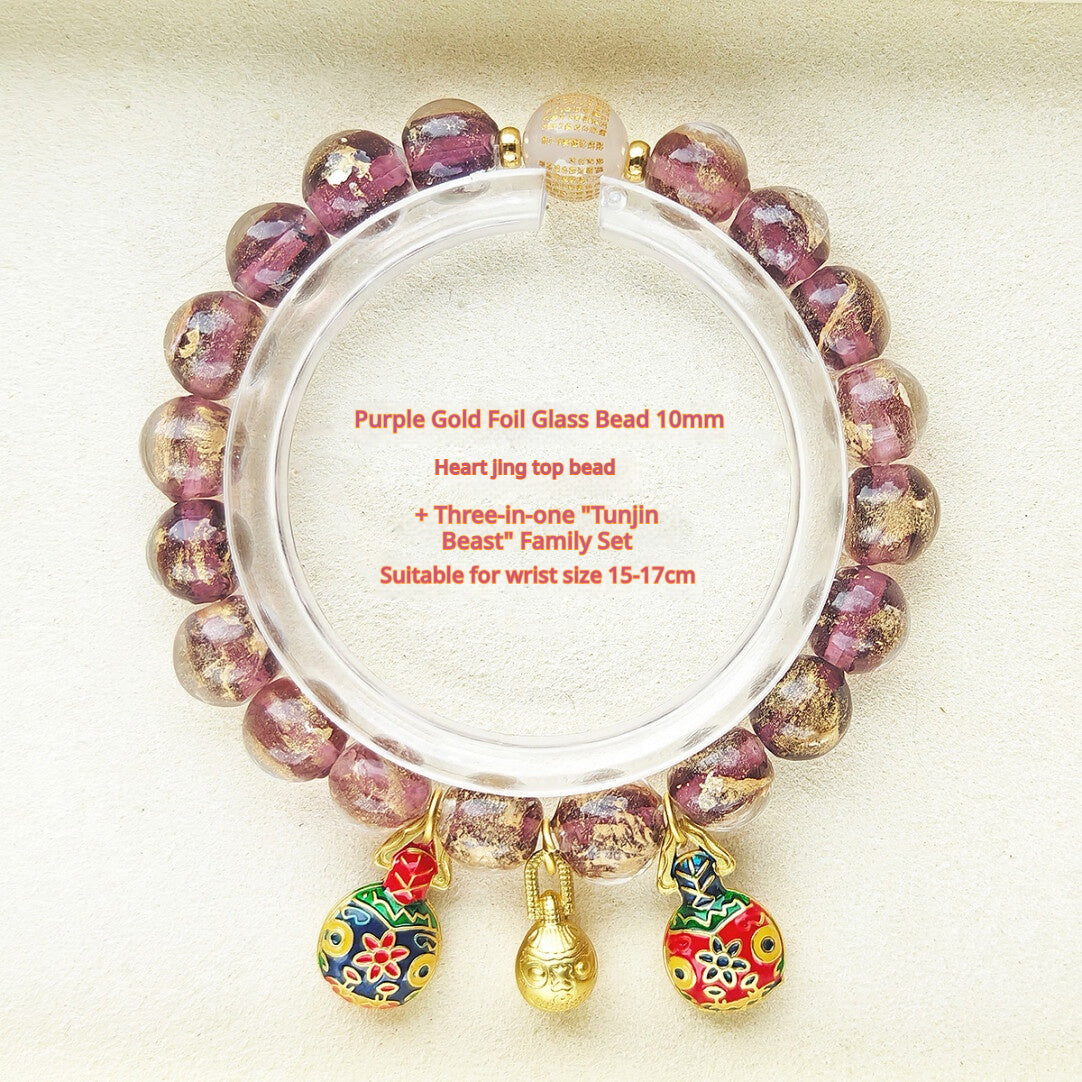 Beijing Temple Style Bracelet | Multi-Gem Gold Sand Glass & Amethyst | Five Blessings "Gold Swallowing Beast" | New Chinese Style