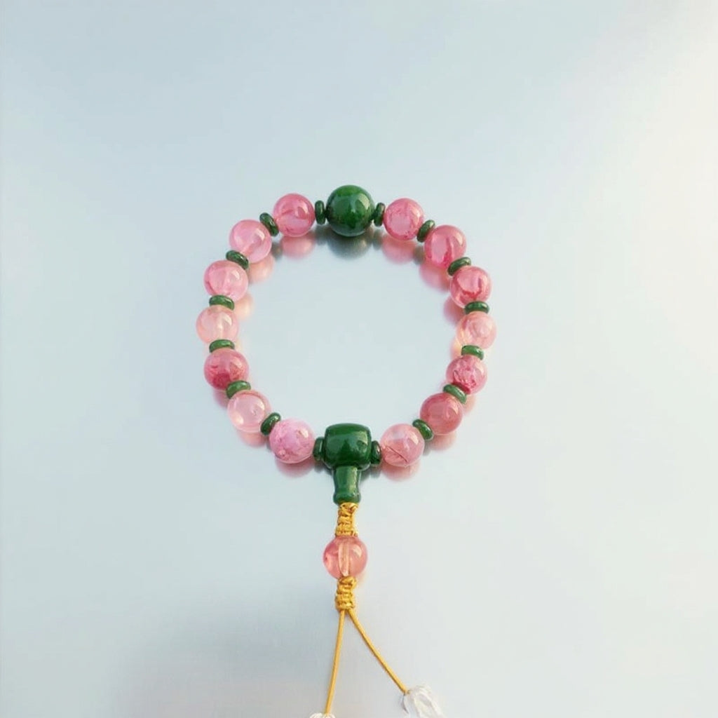18-Bead Pink Chalcedony Bracelet | Temple-Inspired Design for Positive Energy & Romantic Charm