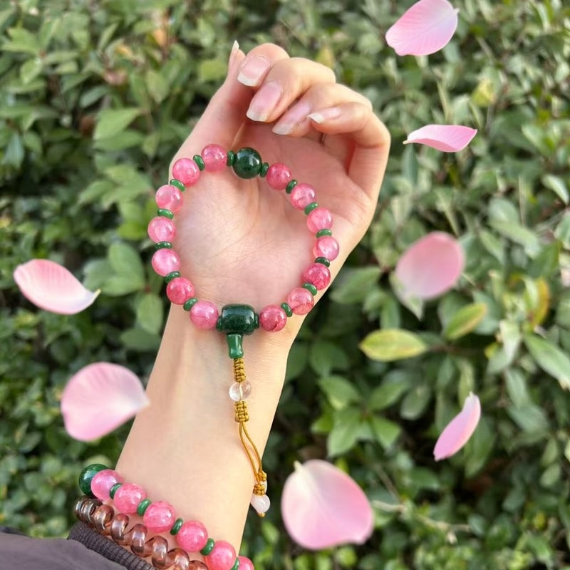 18-Bead Pink Chalcedony Bracelet | Temple-Inspired Design for Positive Energy & Romantic Charm
