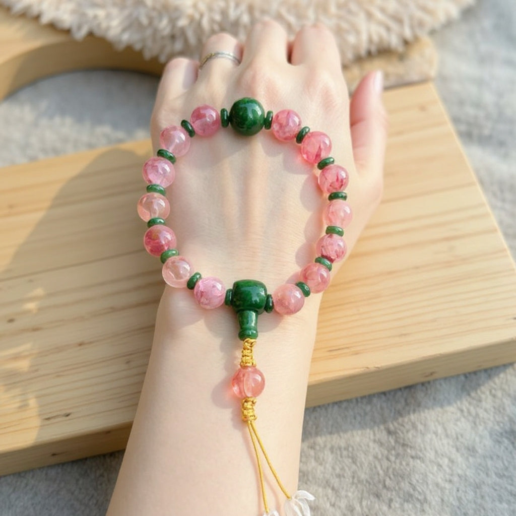 18-Bead Pink Chalcedony Bracelet | Temple-Inspired Design for Positive Energy & Romantic Charm