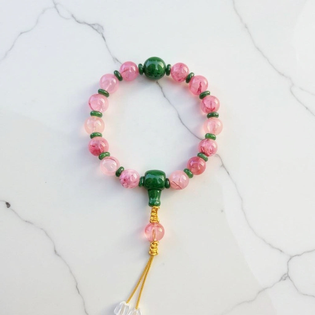 18-Bead Pink Chalcedony Bracelet | Temple-Inspired Design for Positive Energy & Romantic Charm