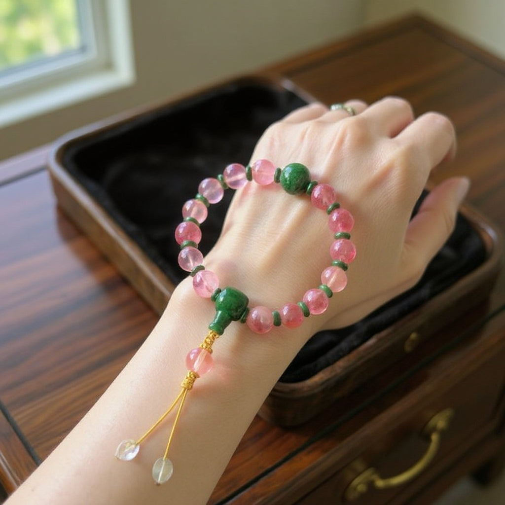 18-Bead Pink Chalcedony Bracelet | Temple-Inspired Design for Positive Energy & Romantic Charm