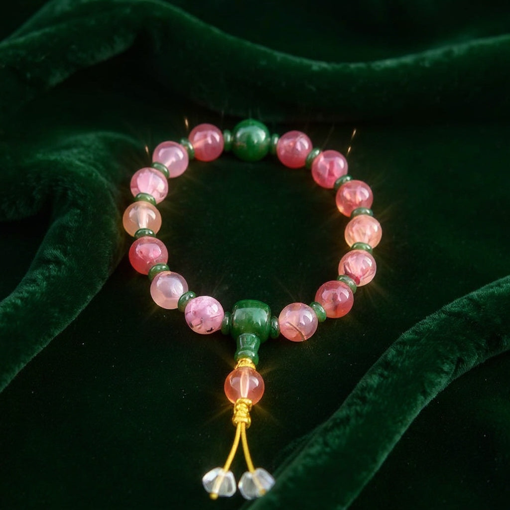 18-Bead Pink Chalcedony Bracelet | Temple-Inspired Design for Positive Energy & Romantic Charm