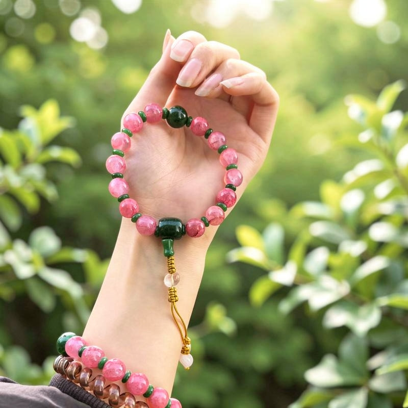 18-Bead Pink Chalcedony Bracelet | Temple-Inspired Design for Positive Energy & Romantic Charm