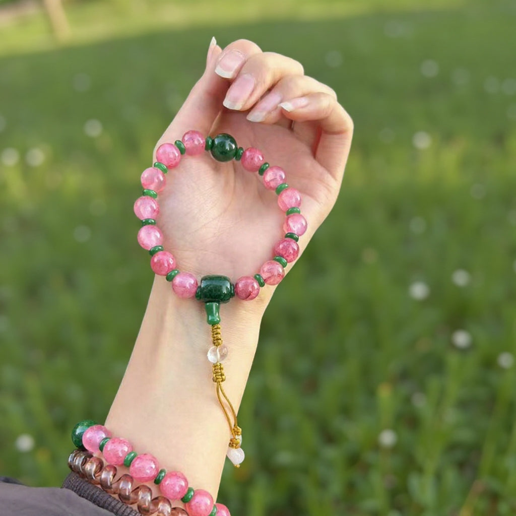 18-Bead Pink Chalcedony Bracelet | Temple-Inspired Design for Positive Energy & Romantic Charm